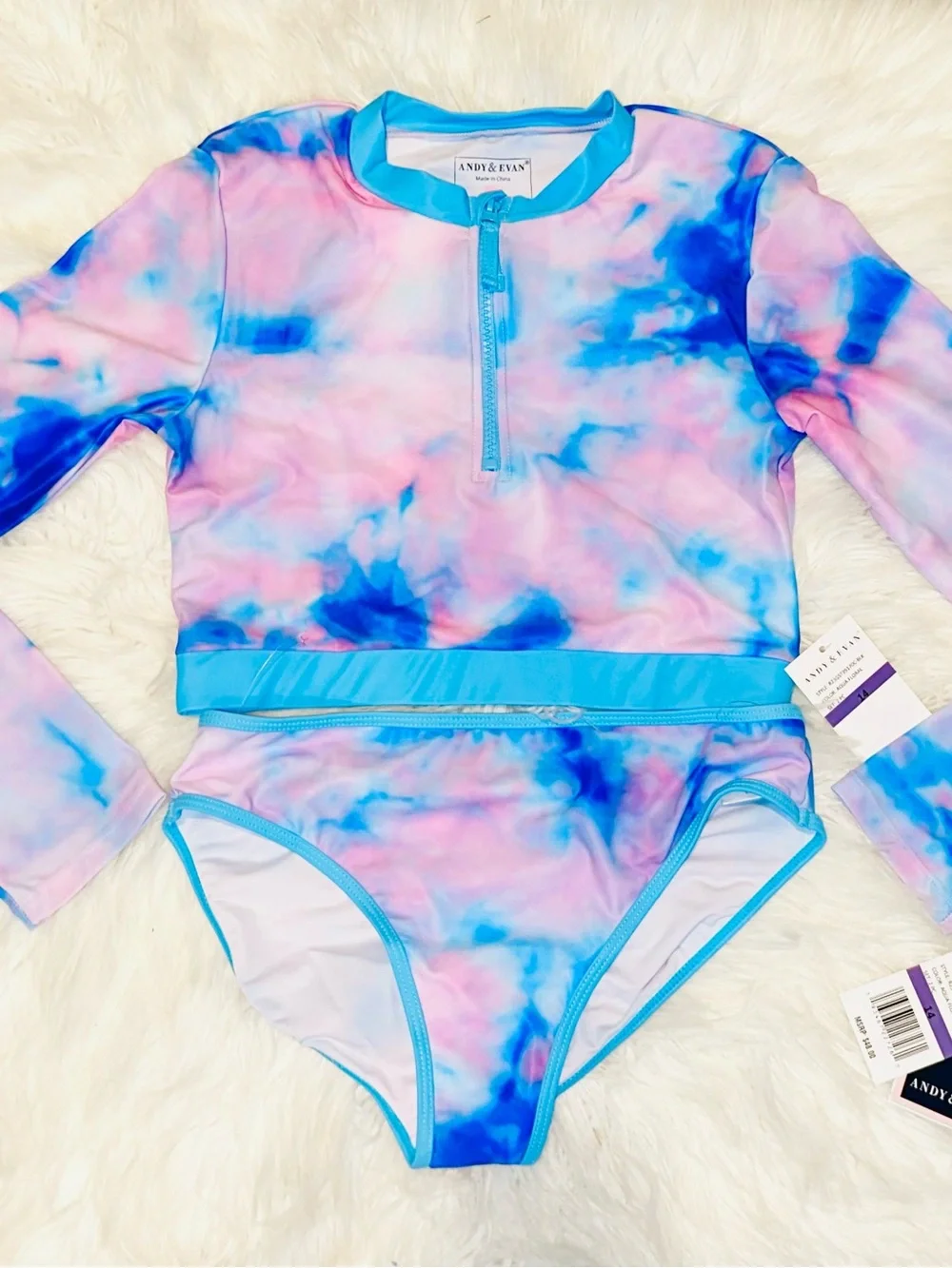 Andy & Evan Girls' Pink & Blue Tie-Dye Long Sleeve Rashguard Set